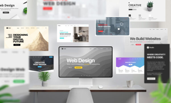 Creative workspace with desktop screen and numerous web pages flying around in dynamic motion. Some pages are blurred in the foreground to illustrate speed and volume. Concept for fast-paced website production and creative web agency services.